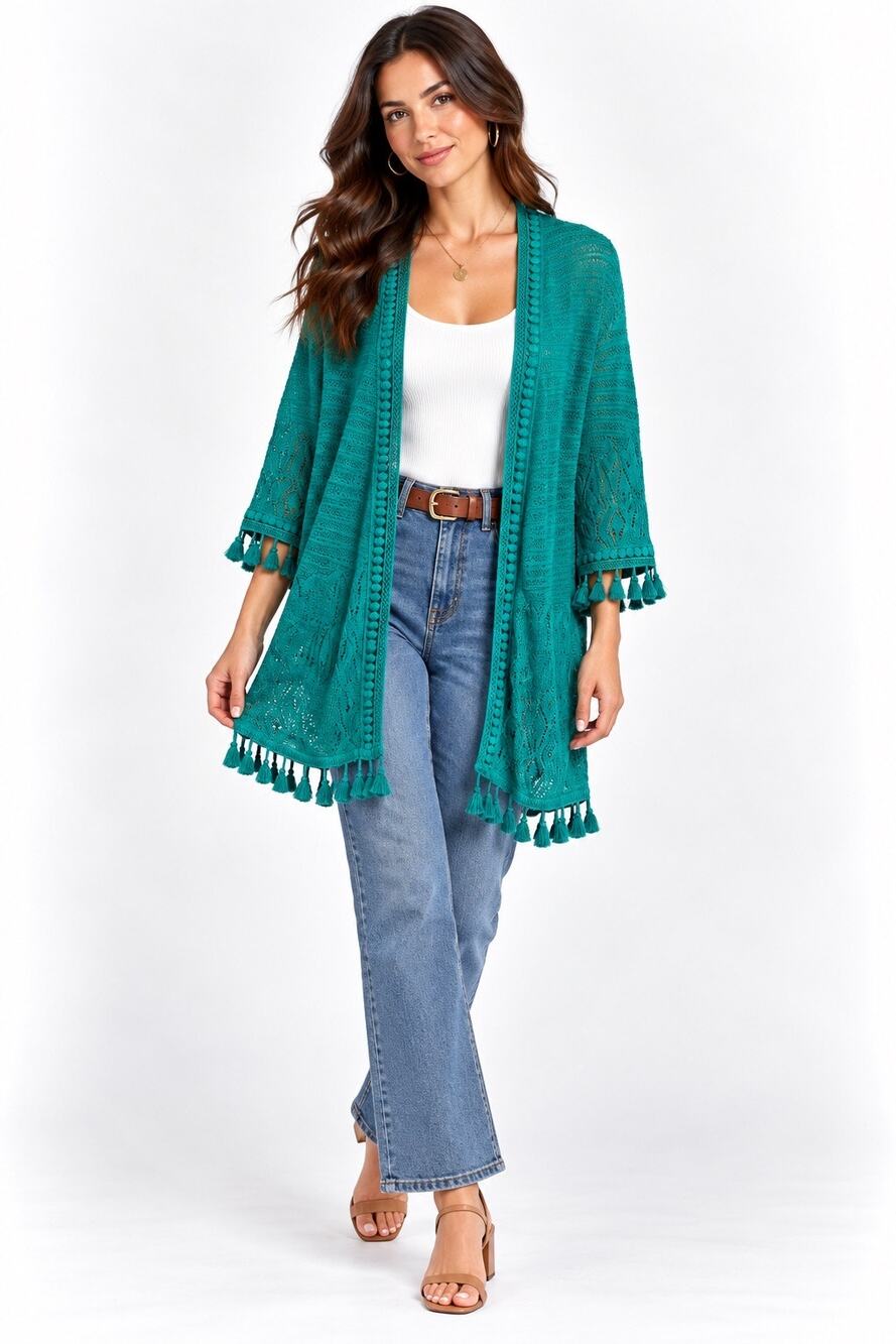 Chico’s Teal Tasseled Open Front 3/4 Sleeve Long Knit Cardigan Sweater